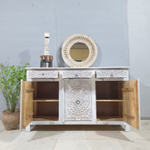 Indian Furniture Handmade Solid Wood Sideboard 3 Drawers & 3 Doors Carved Whitewash